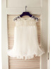 Sheer Beaded Neck Ivory Pleated Organza Curly Hem Flower Girl Dress